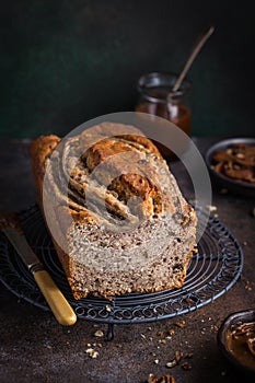 Delicious pecans and caramel banana loaf cake