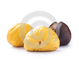 Delicious peeled roasted chestnuts isolated on white background