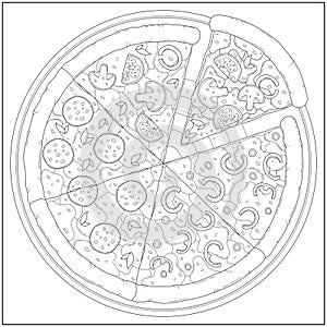 Delicious pepperoni cheese pizza in a pan. Learning and education coloring page