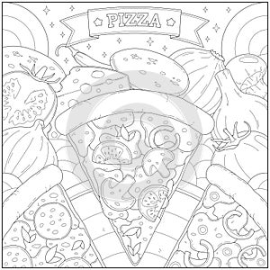 Delicious pepperoni cheese pizza slice and other ingredient. Learning and education coloring page