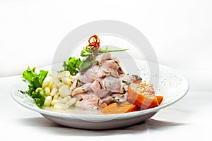 Delicious Peruvian ceviche dish  on a white surface