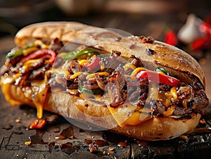 Delicious Philly cheesesteak photography, explosion flavors, studio lighting, studio background, well-lit, vibrant