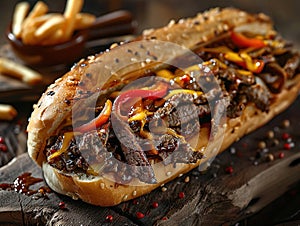 Delicious Philly cheesesteak photography, explosion flavors, studio lighting, studio background, well-lit, vibrant