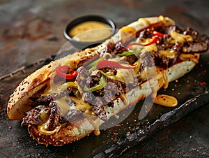 Delicious Philly cheesesteak photography, explosion flavors, studio lighting, studio background, well-lit, vibrant