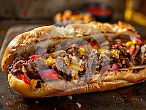 Delicious Philly cheesesteak photography, explosion flavors, studio lighting, studio background, well-lit, vibrant