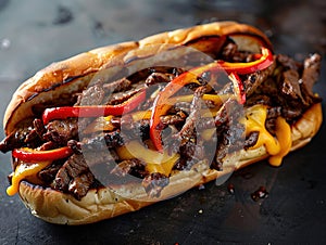 Delicious Philly cheesesteak photography, explosion flavors, studio lighting, studio background, well-lit, vibrant