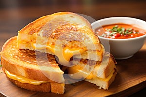 A delicious photo of a cheesy grilled cheese sandwich