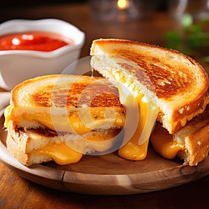 A delicious photo of a cheesy grilled cheese sandwich