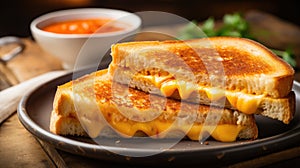 A delicious photo of a cheesy grilled cheese sandwich