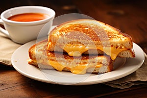 A delicious photo of a cheesy grilled cheese sandwich