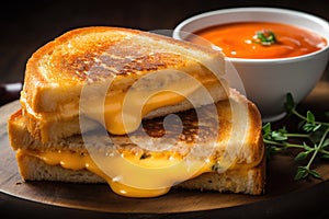 A delicious photo of a cheesy grilled cheese sandwich