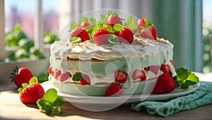 Delicious pie with fresh strawberries, cream, mint holiday beautiful