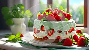 Delicious pie with fresh strawberries, cream, mint holiday beautiful summer