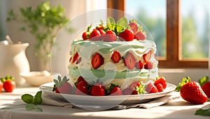 Delicious pie with fresh strawberries, cream, mint holiday beautiful summer bakery gourmet