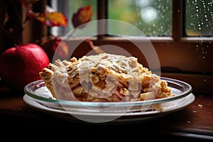 Delicious pie on the windowsill, sad rainy weather pastries and culinary dish
