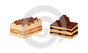 Delicious piece of cakes set. Sweet baked confection desserts vector illustration