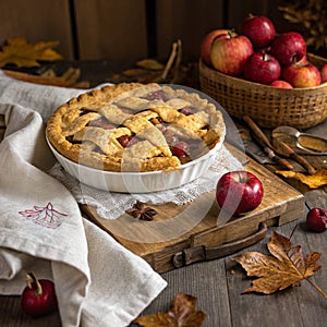 Piece of Homemade Apple Pie in Rustic Setting