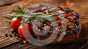 Delicious piece of ribeye or sirloin tender grilled steak with extras On wooden table