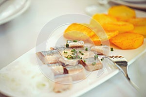 Delicious pieces of Icelandic herring with onions on a white plate. Raw salted herring on wooden background. Marinated herring