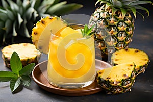 Delicious pineapple juice with fresh ripe pineapple, refreshing tropical beverage