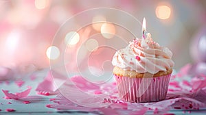 delicious pink cake with candle on blurred shiny background