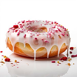 delicious pink donut with sprinkles on a white