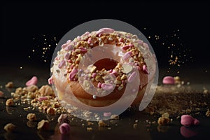Delicious pink donuts on black background. Generative AI