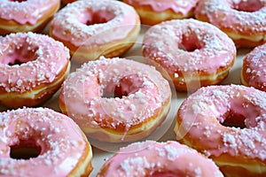 Delicious pink-frosted donuts with colorful sprinkles arranged on a wooden board. These tasty treats are perfect for photo