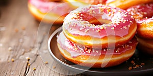 Delicious Pink Glazed Donuts with Sprinkles Stacked on Plate