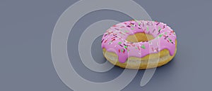 Delicious pink glazed doughnuts with sprinkles . 3d rendering picture