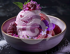Delicious pink ice cream with fresh berries and edible flowers