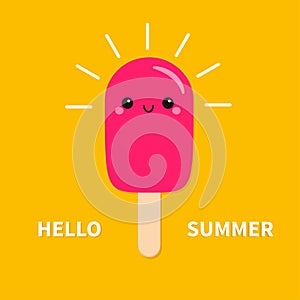 Delicious pink ice cream on stick. Cute cartoon kawaii funny baby character shining. Smiling face with eyes. Hello summer poster