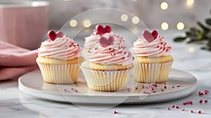 Delicious Pink Valentine Cupcakes With Heart Decorations