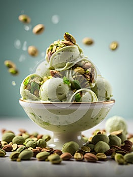 Delicious pistachio gelato, ice cream, floating in the air, sweet Italian dessert, cinematic ads