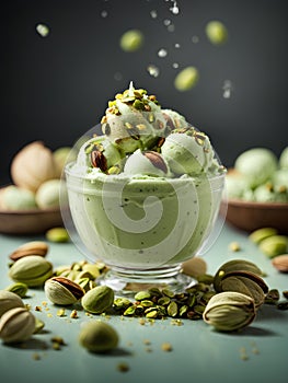 Delicious pistachio gelato, ice cream, floating in the air, sweet Italian dessert, cinematic ads