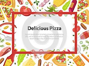 Delicious Pizza Card Template with Cooking Ingredients, Element Can be Used for Restaurant, Cafe Flyer or Certificate