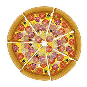 Delicious pizza. circle. white background