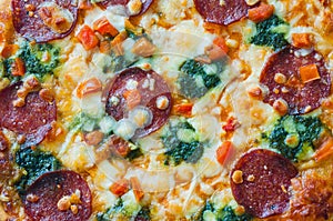 Delicious pizza with corn, broccoli and salami as background