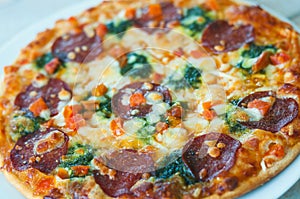 Delicious pizza with corn, broccoli and salami as background