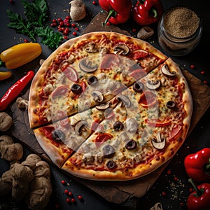 Delicious pizza is displayed on cutting board, with various toppings like mushrooms and peppers. The pizza has been cut