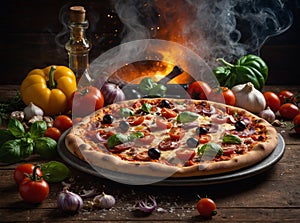 Delicious pizza with fresh ingredients on dark wood background. Generative Al