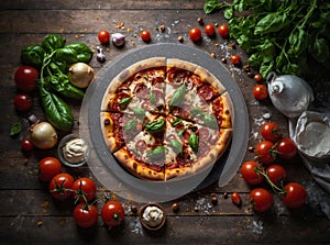 Delicious pizza with fresh ingredients viewed from above a dark wood background. AI