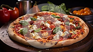 Delicious Pizza With Fresh Toppings And Red Wine On A Wooden Table