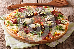 Delicious pizza with grilled eggplant, sausage, herbs and cheese