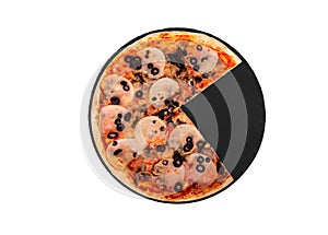 Delicious pizza with ham, mozzarella, mushrooms and olives, without a quarter on a round slate platter, isolated on white