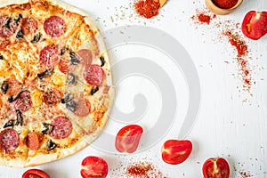 Delicious pizza with ingredients and spices on white rustic background. Flat lay, top view.