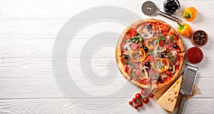 Delicious pizza and ingredients on white wooden background