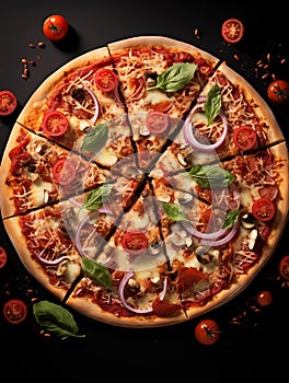 Delicious Pizza with Olives, Tomatoes, and Fresh Vegetables on Light Grey Background