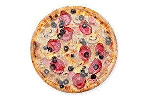 Delicious pizza with pepperoni, ham, mushrooms, olives, cheese and tomato sauce. Isolated on white.
