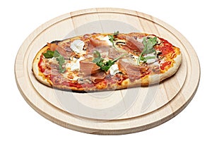 Delicious pizza served on wooden plate isolated on white background. File contains clipping path. Concept for advertising flyer